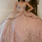 Glittery Tulle Lace Beaded Sweetheart Corset Quinceanera Dresses with Ruffles
