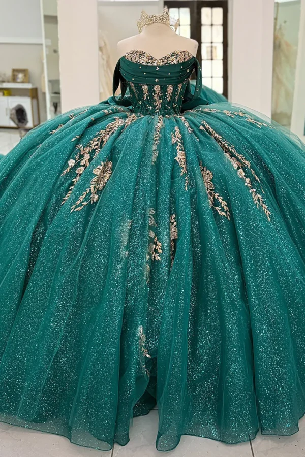 Gorgeous Glittery Tulle Appliqued Quinceanera Dresses Off Shoulder Sweet 16 Party Gowns