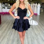 Sweetheart Satin Ruffles A Line Corset Lace Appliqued Homecoming Dresses