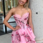 A Line Sweetheart Floral Print Ruffles Corset Homecoming Dresses
