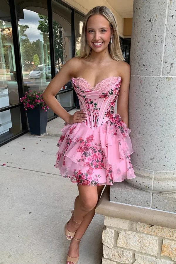 A Line Sweetheart Floral Print Ruffles Corset Homecoming Dresses