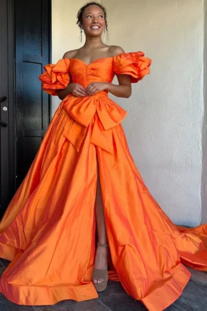 Ball Gown Satin Long Prom Dresses Side Slit Evening Dresses for Women