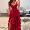 A-Line Prom Dresses Long Tiered Pleated V Neck Evening Party Dresses with Slit