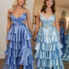 A-Line Prom Dresses Long Tiered Pleated V Neck Evening Party Dresses with Slit