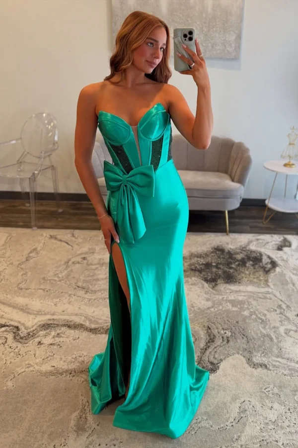 Mermaid Sweetheart Satin Corset Beaded Long Prom Dresses for Women Evening Party
