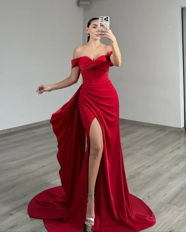 Off Shoulder Mermaid Satin Corset Long Prom Dresses Sheath Party Gowns with Slit