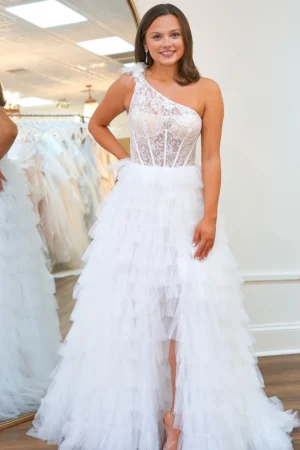 Women's One Shoulder Tulle Ruffled Prom Dresses Corset Lace Evening Party Gowns