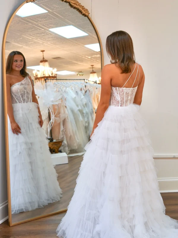 Women's One Shoulder Tulle Ruffled Prom Dresses Corset Lace Evening Party Gowns
