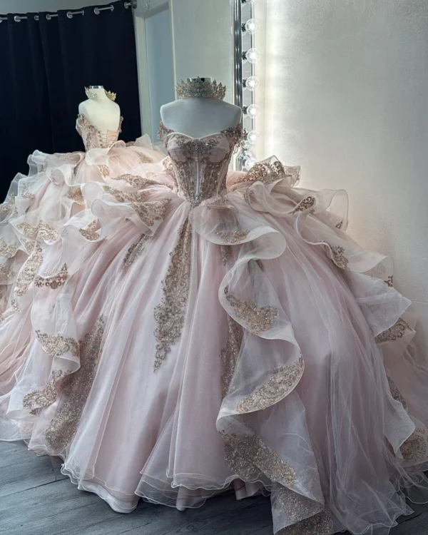 Sweetheart Tulle Ruffle Lace Appliqued Blush Quinceanera Dresses for Sweet 16 Party