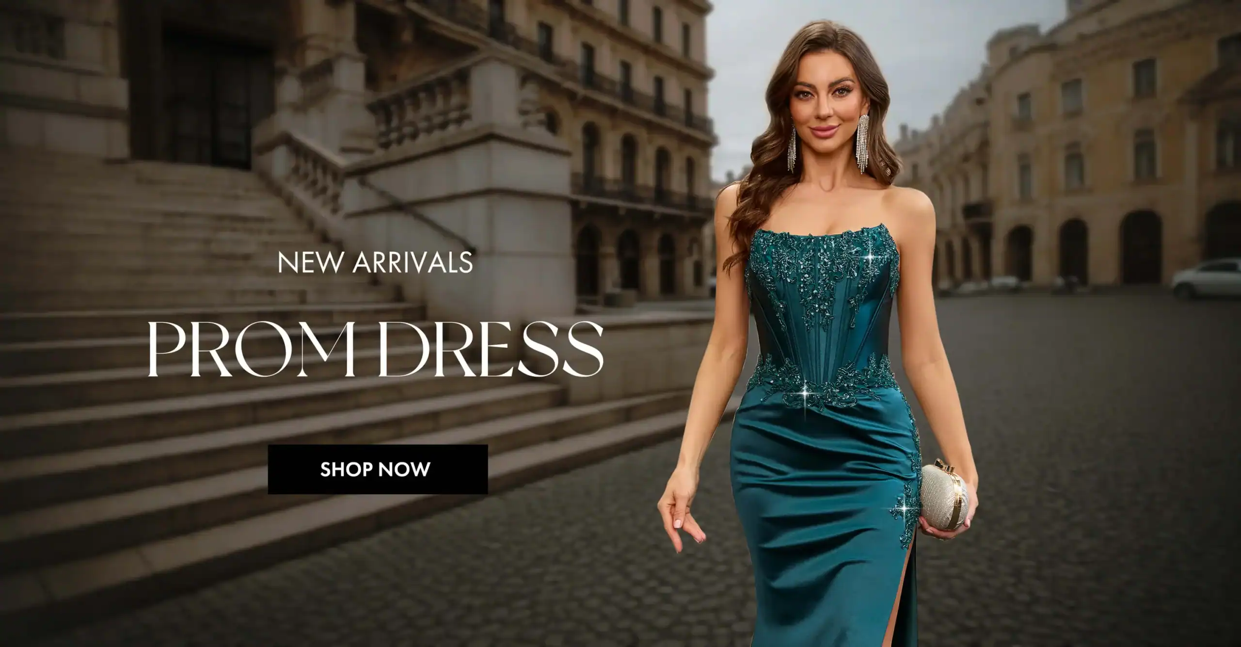 Elegant teal prom dress with intricate beadwork and thigh-high slit.