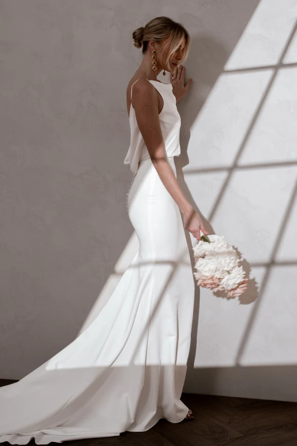 Mermaid Scoop Neck Spaghetti Straps Open Back Buttons Satin Wedding Dress