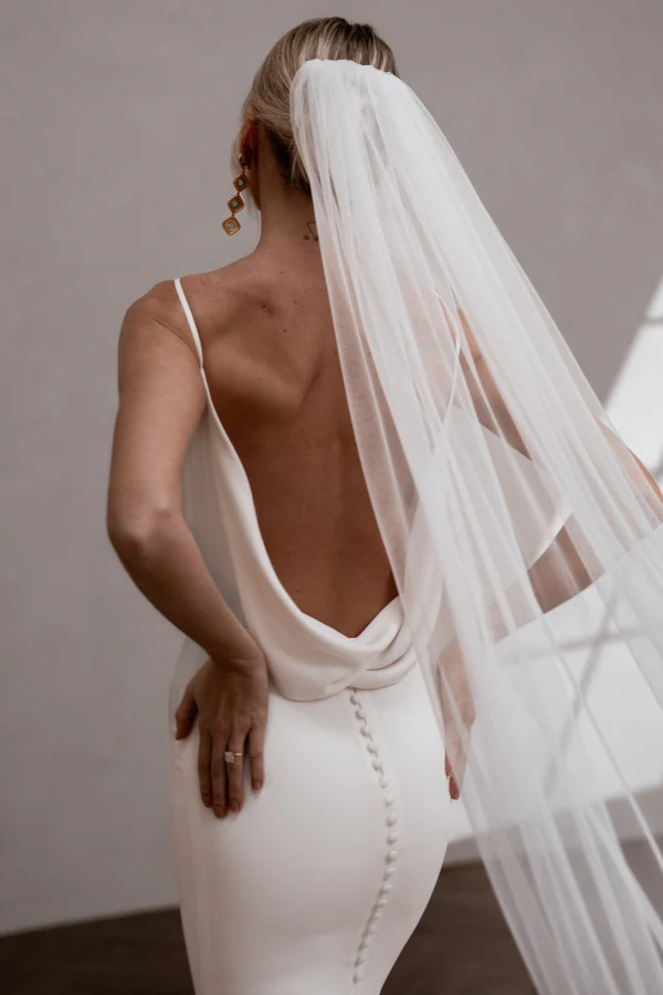 Mermaid Scoop Neck Spaghetti Straps Open Back Buttons Satin Wedding Dress