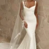 Mermaid Square Neck Straps Ruched Open Back Satin Wedding Dress