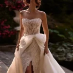 Strapless Detachable Long Sleeves Lace Wedding Dress with High Side Slit and Train