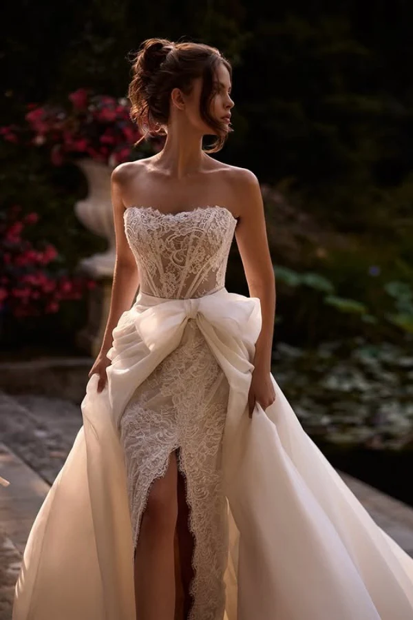 Strapless Detachable Long Sleeves Lace Wedding Dress with High Side Slit and Train