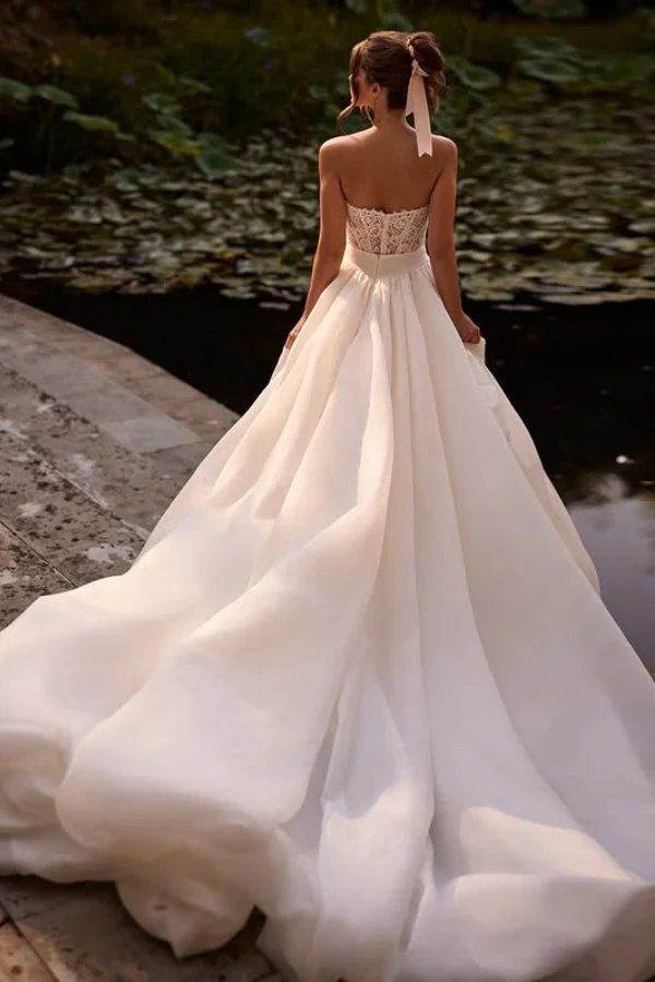 Strapless Detachable Long Sleeves Lace Wedding Dress with High Side Slit and Train