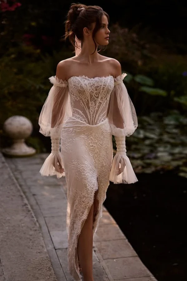 Strapless Detachable Long Sleeves Lace Wedding Dress with High Side Slit and Train