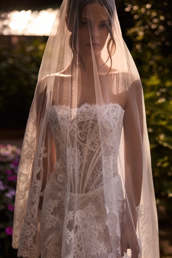 Strapless Detachable Long Sleeves Lace Wedding Dress with High Side Slit and Train