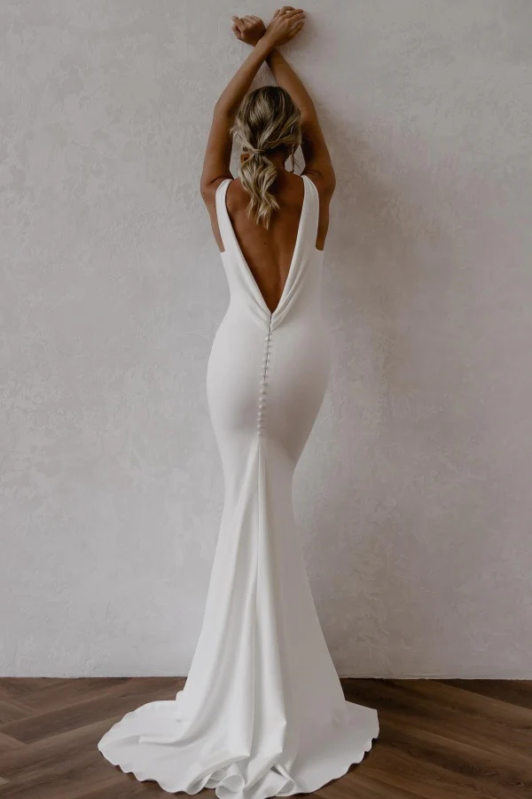 Mermaid V Neck Spaghetti Straps Backless Satin Wedding Dress