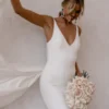 Mermaid V Neck Spaghetti Straps Backless Satin Wedding Dress