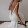 Mermaid V Neck Spaghetti Straps Backless Satin Wedding Dress