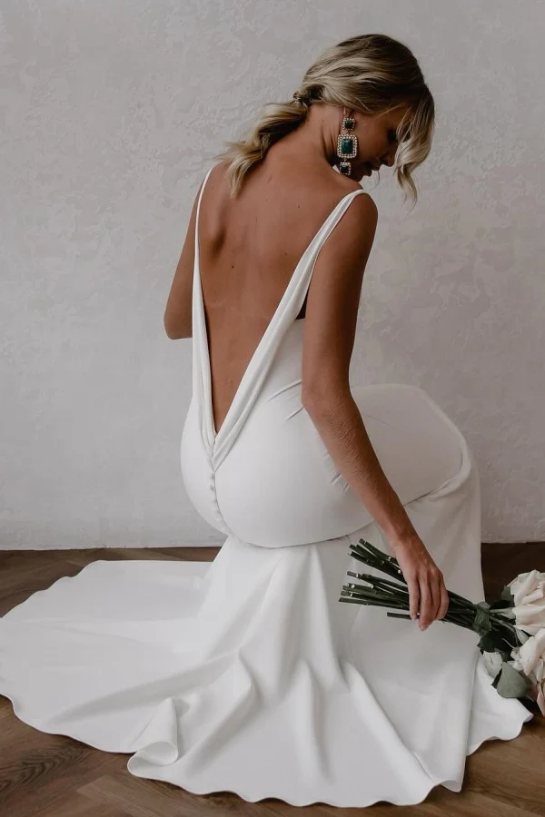 Mermaid V Neck Spaghetti Straps Backless Satin Wedding Dress