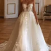 A-Line Strapless Appliques Lace Up Boho Wedding Dress
