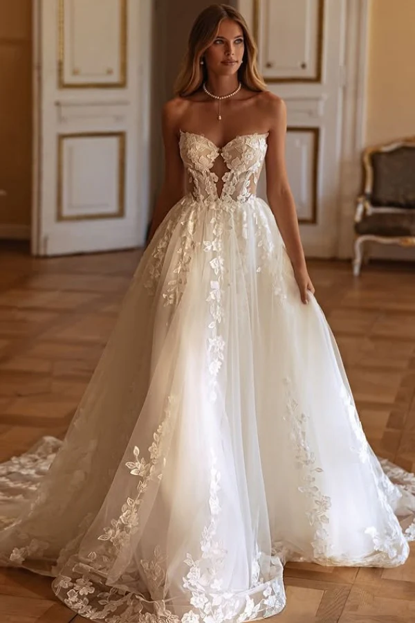 A-Line Strapless Appliques Lace Up Boho Wedding Dress