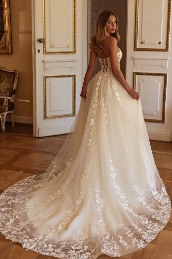 A-Line Strapless Appliques Lace Up Boho Wedding Dress