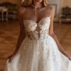 A-Line Strapless Appliques Lace Up Boho Wedding Dress