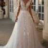 A-Line Low V Neck Long Sleeves Appliques Open Back Tulle Boho Wedding Dress