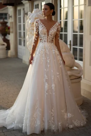 A-Line Low V Neck Long Sleeves Appliques Open Back Tulle Boho Wedding Dress