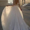 A-Line Low V Neck Long Sleeves Appliques Open Back Tulle Boho Wedding Dress