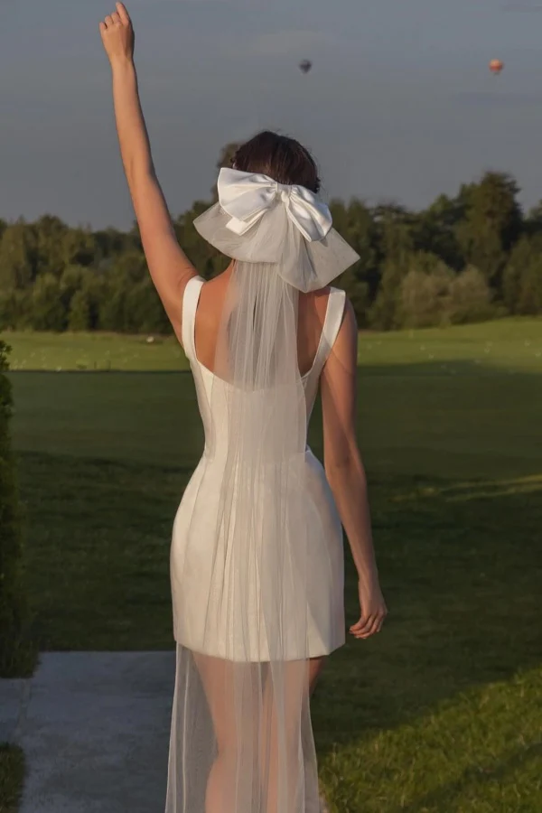 WD007-2 A-Line Square Neck Straps Short Satin Wedding Dress (without veil)