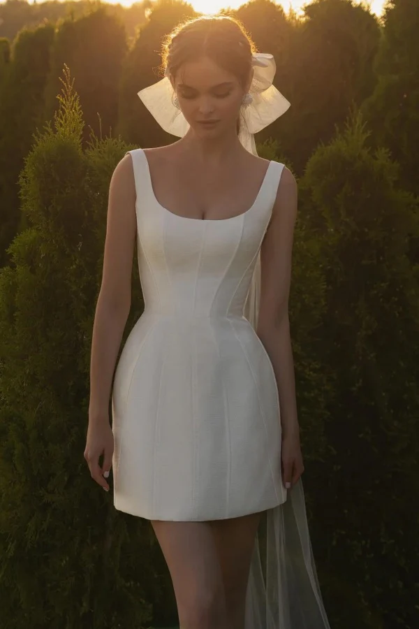 WD007-4 A-Line Square Neck Straps Short Satin Wedding Dress (without veil)